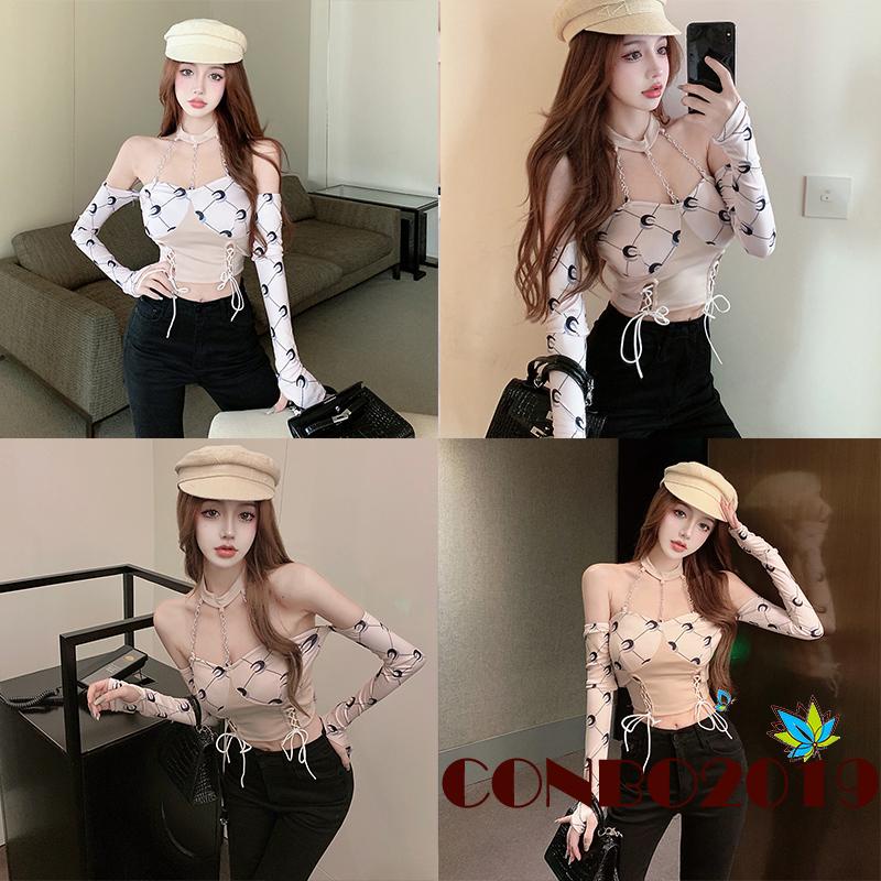 Áo Thun Dài Tay Hở Vai In Họa Tiết Độc Đáo Thời Trang Quyến Rũ Cho Nữ