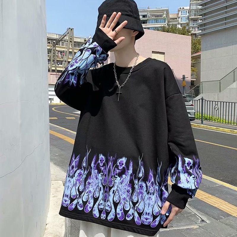 Áo nỉ tay dài in hình ngọn lửa phong cách hip hop thời trang cho nam nữ