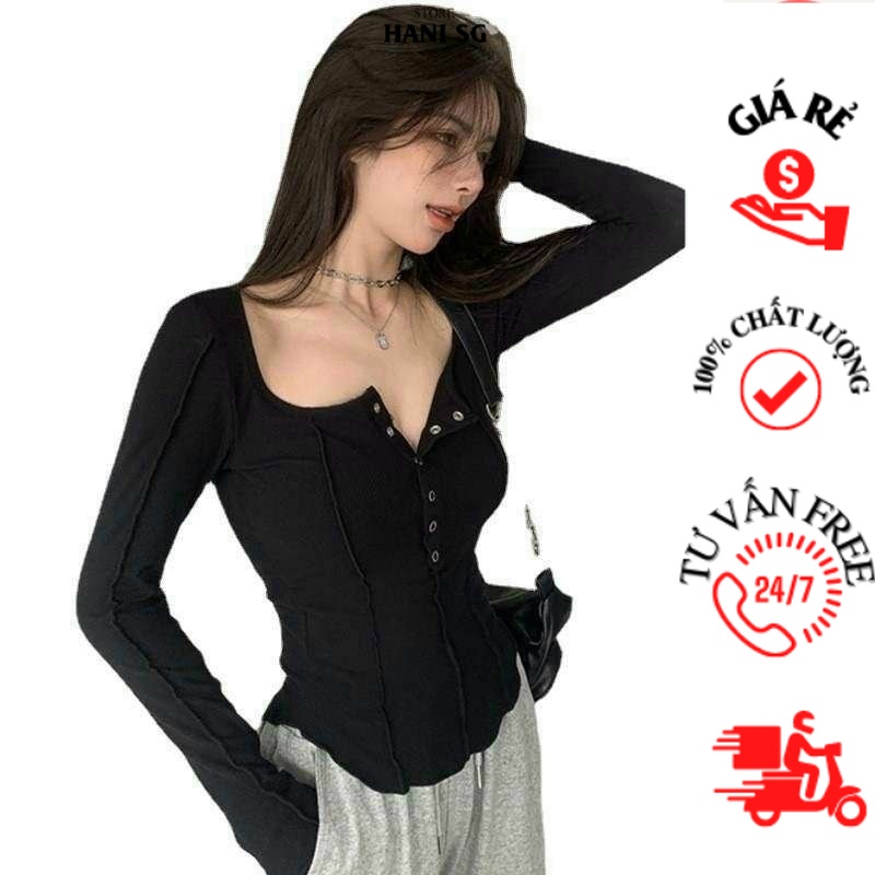 áo crotop tay dai cổ V khoét ngực ,Áo thun body nữ tay dài chất gân tăm viền C36