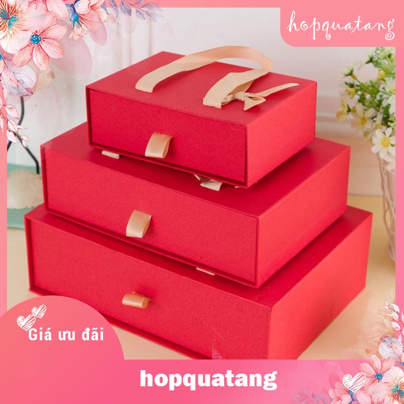 Hộp Quà Tặng Kèm Túi Màu Đỏ Gắn Nơ Dạng Kéo Cao Cấp