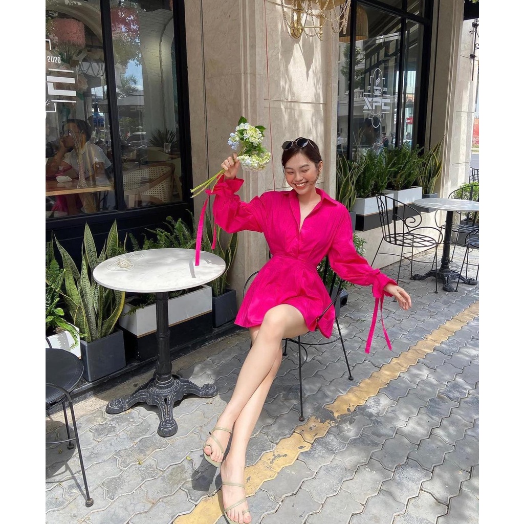 Đầm cổ sơ mi tay dài nơ hồng cánh sen