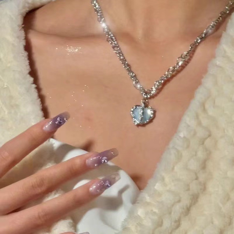 Vòng cổ Ngắn Nhiều Lớp Mặt Trái Tim Màu Xanh Dương Thời Trang Hàn Quốc Chất Lượng Cao Cao Cấp Cho Nữ