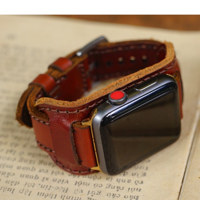 Dây apple watch da bò nâu đỏ kiểu quân đội đức kèm tấm đệm chống mồ hôi RAM Leather B2 - tặng khóa chốt và adapter