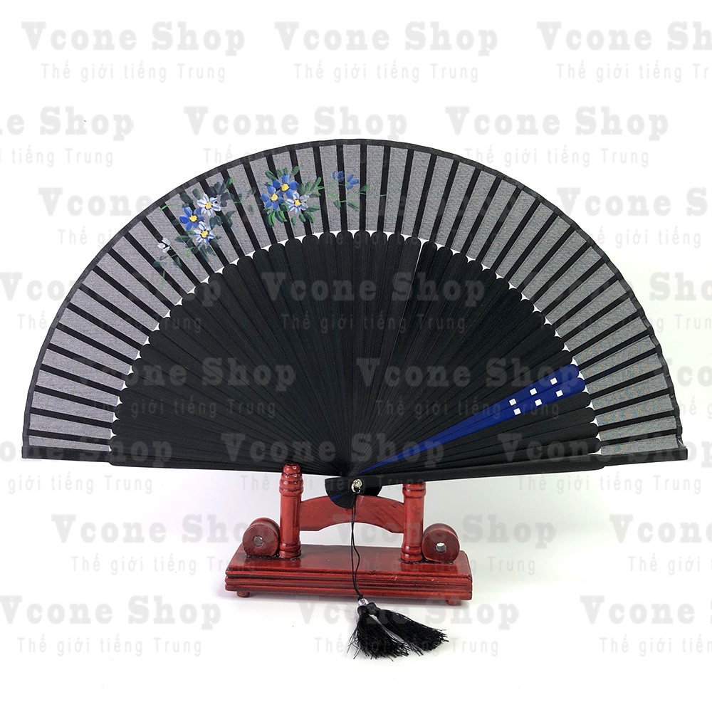 Quạt trúc cổ nan mở lưỡng lục trúc cổ trang dây tuyến xếp cầm tay phong cách Trung Quốc