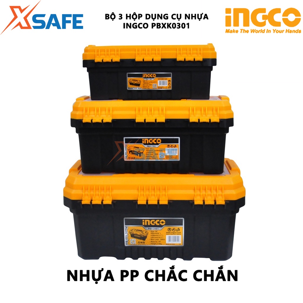 Bộ 3 hộp nhựa đựng dụng cụ INGCO PBX2001 Bộ 3 thùng đựng đồ nghề khóa nhựa PP, tay cầm độ bền cao - Chính hãng [XSAFE]