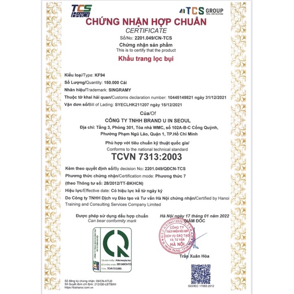 Khẩu trang KF94 Hàn Quốc lọc bụi, kháng khuẩn, không gây đau tai,không làm kích ứng da thương hiệu SINGRAMY
