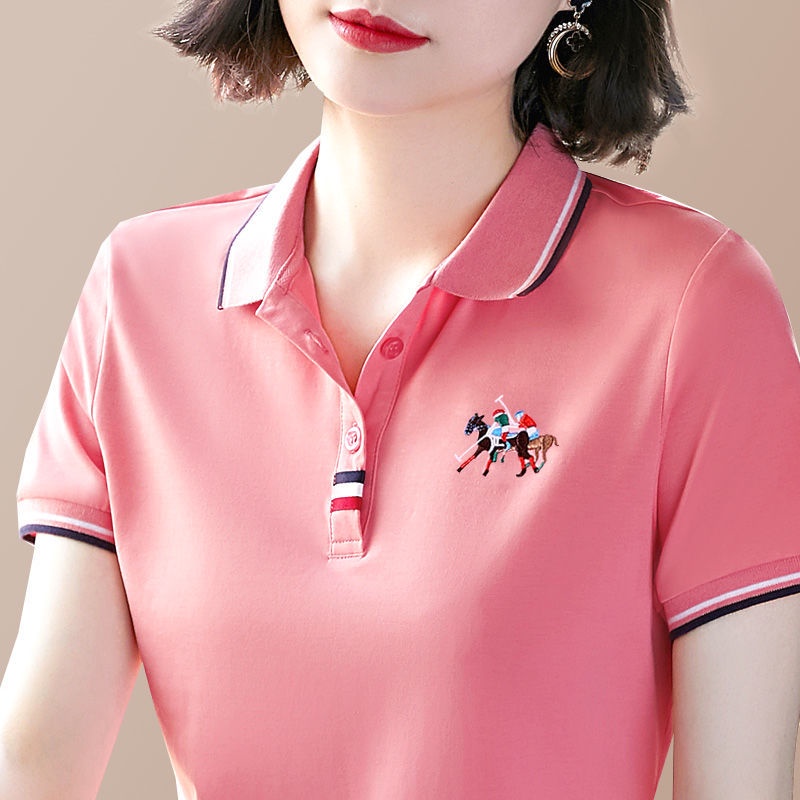 Áo sơ mi polo nữ trung niên rộng rãi kết hợp với ve áo cotton tinh khiết năm 2021 mới mẹ áo phông ngắn tay hàng đầu mùa