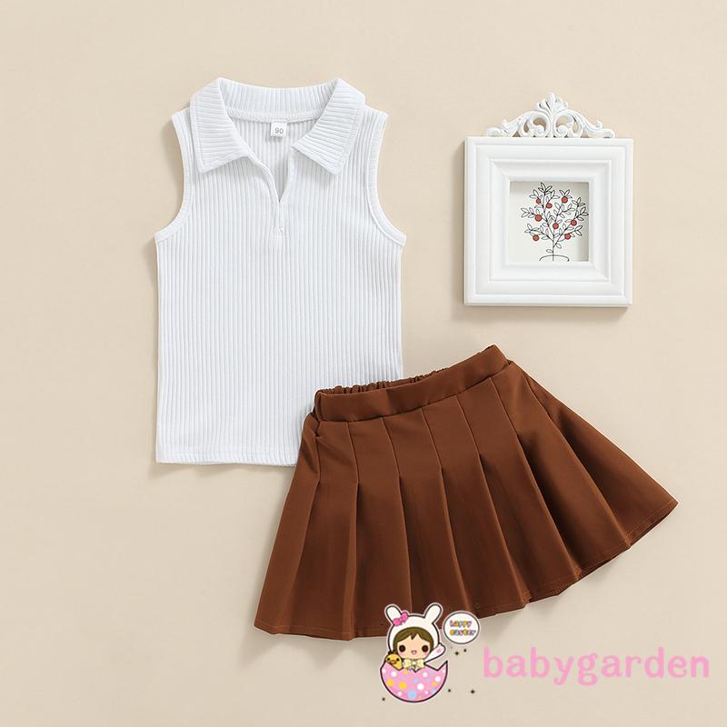 Bộ áo không tay cổ bẻ + chân váy xếp ly phong cách mùa hè đáng yêu thời trang dành cho bé gái 1-6 tuổi