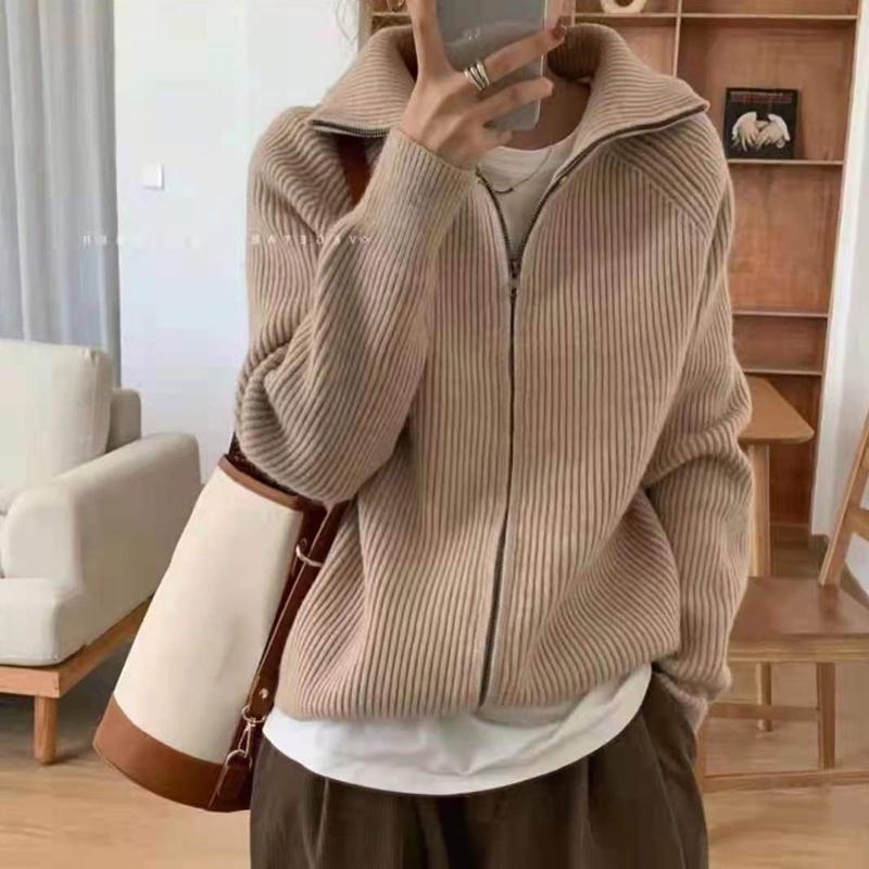 Áo Khoác Cardigan Dệt Kim Dáng Rộng Phối Khóa Kéo Phong Cách Retro Cho Nữ