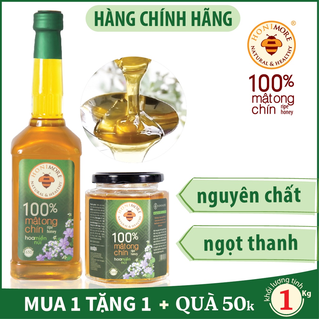Mật ong nguyên chất Hoa Miền Núi Honimore 630g tặng 1 hũ mật ong rừng 360g - tăng sức đề kháng, làm đẹp da