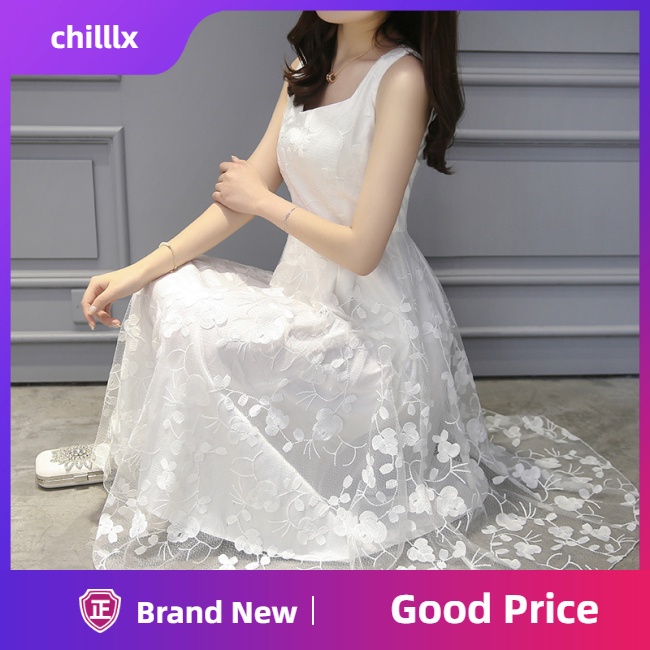 Đầm Chữ A Không Tay Phối Ren Màu Trắng Thời Trang Đi Biển Cho Nữ