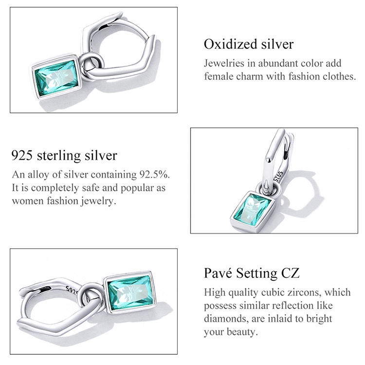 Bông tai BAMOER BSE613 bằng bạc 925 bất đối xứng đính kim cương xanh thời trang cho nữ