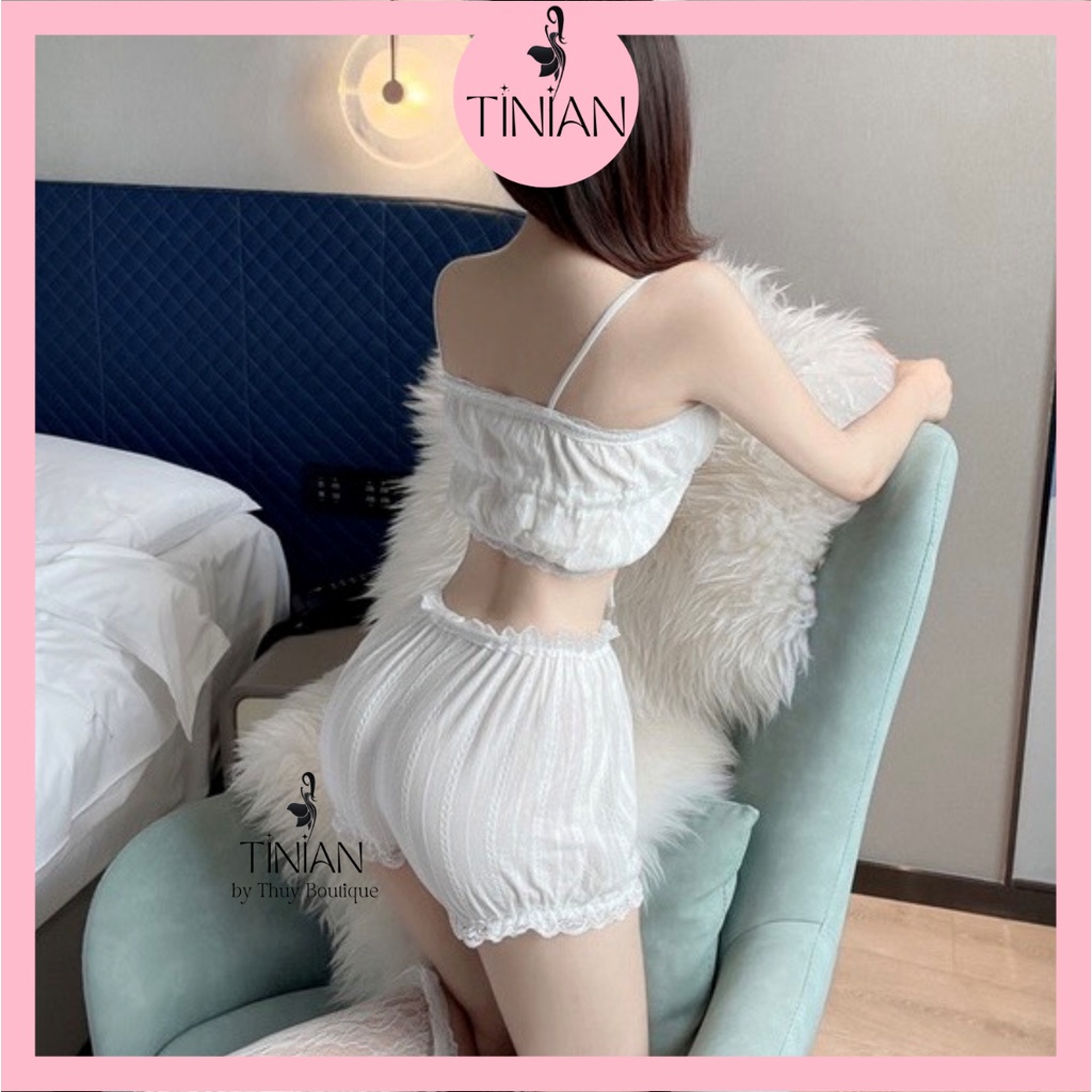 Đồ ngủ nữ bộ 2 dây quần đùi TINIAN dễ thương mặc nhà sexy gợi cảm xô đũi trắng 5092 5123 5297