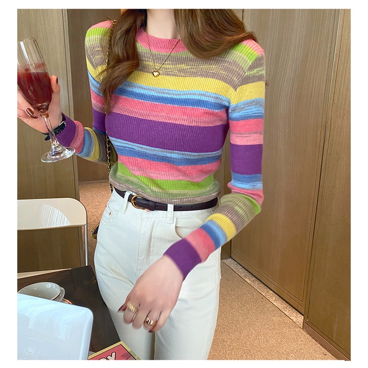 Áo sweater Dệt Kim Mỏng Tay Dài Dáng Ôm Họa Tiết Kẻ Sọc Ngang Màu Cầu Vồng Thời Trang Mùa Thu Mới Cho Nữ