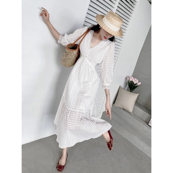 ĐẦM MIDI TRẮNG CỔ V REN Ô NHÍ TAY LỠ BO