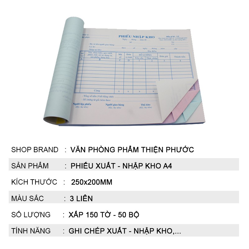 Phiếu xuất nhập kho A4 3 liên 25x20mm, Xấp 150 tờ THIỆN PHƯỚC