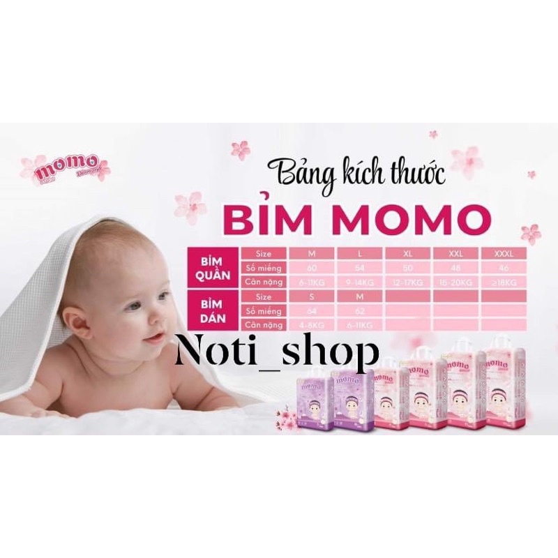 [HCM] Dùng thử bỉm tã dán/quần MOMO DIAMOND ORGANIC S64/ M60/L54/XL50/XXL48/XXXL46 tinh chất hoa anh đào.