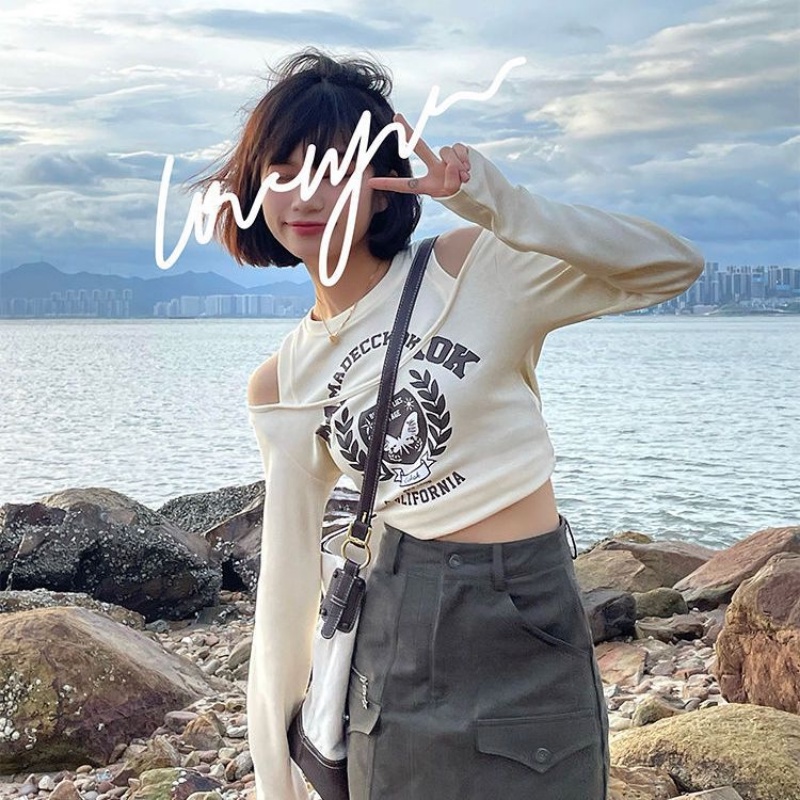 Áo Thun Tay Dài Hở Vai Giả Hai Lớp Phong Cách Mỹ Thời Trang Mùa Hè 2022 Dành Cho Bạn Nữ