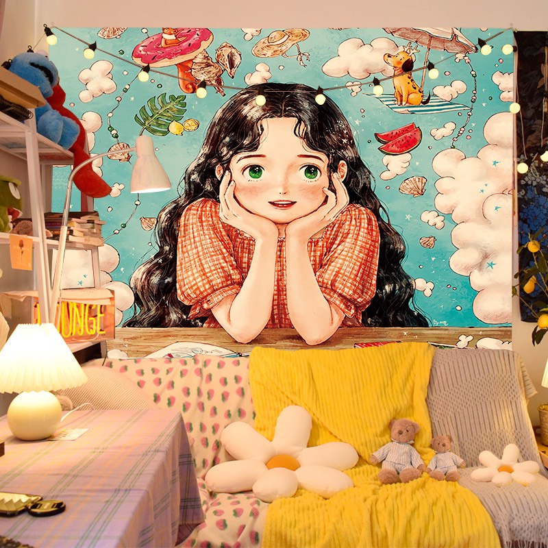 [Tặng kèm Đèn+móc treo] Tranh vải treo tường trang trí phòng, thảm decor hình cô gái siêu dễ thương