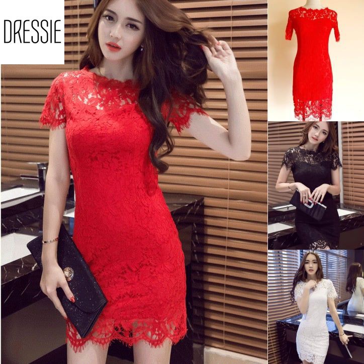 Váy Áo Đầm Ren Ôm Body DRESSIE Thời Trang Nữ Công Sở Dạo Phố Dự Tiệc Đám Cưới - DB74 (Đen - Trắng - Đỏ) | BigBuy360 - bigbuy360.vn