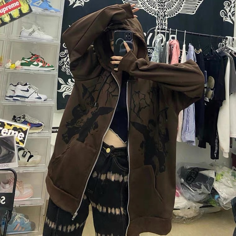 Tw Áo Khoác Tay Dài Dáng Rộng Có Dây Kéo Và Túi Phong Cách punk gothic Đường Phố Kích Thước Lớn Y2K Cho Nữ