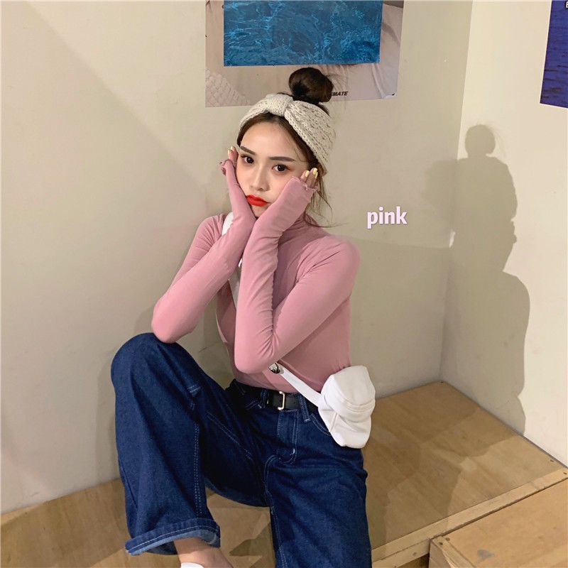 Áo Thun Nữ Tay Dài Cổ Cao Phối Ren Phong Cách Hàn Quốc