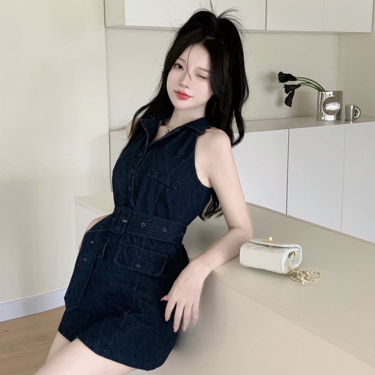 Đầm Denim Không Tay Cổ Bẻ Phong Cách Hàn Quốc Thời Trang Mùa Hè Mới Cho Nữ