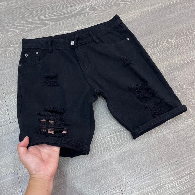 Quần short đen trắng trơn hàn rách nhẹ thời trang đơn giản,quần bò ngố nam 2 màu trắng đen rách gối quần short amiri