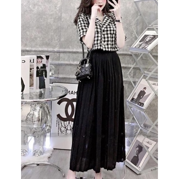 Set áo vest croptop kẻ caro mix chân váy dập li dài Áo crt kaki dáng véc