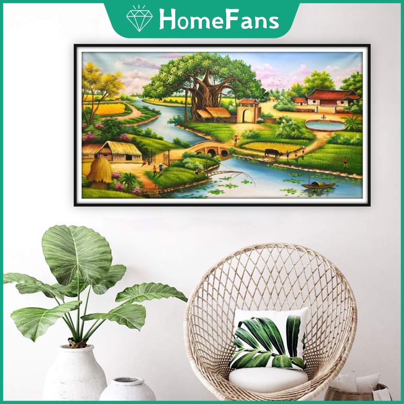 Bộ Tranh Đính Đá 5D Tự Làm Hình Phong Cảnh Làng Quê Cỡ Lớn 90x50cm