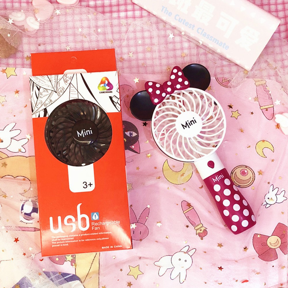 (hàng đã về) Quạt hoạt hình Mickey Minnie dễ thương Quạt USB cầm tay mini mang đèn có dây đeo mang thể sạc lại 3 chế độ 