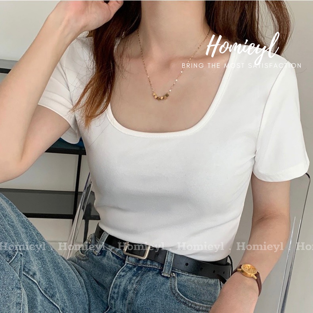 Áo thun trơn nữ cổ vuông ngắn tay ôm body cotton basic đẹp đen trắng Homieyl cao cấp, áo phông trơn nữ 🔲 đi chơi H22