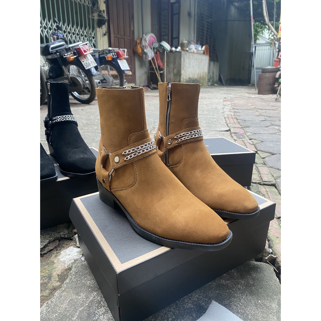 Giày Harness Boots thời trang nam chất liệu da bò lộn màu nâu khóa zip