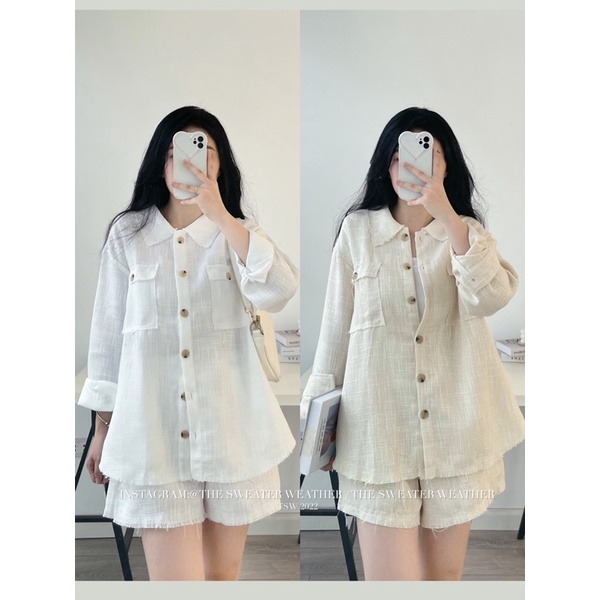 Set áo dài tay dạ tweed kèm quần short cạp chun the.sweaterweather TSW (ảnh thật)