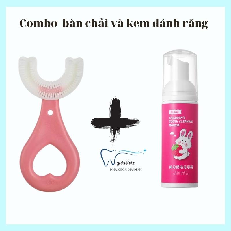 Bàn chải đánh răng chữ U và kem đánh răng tạo bọt cho bé hương vị hoa quả có thể nuốt được cho bé từ 2 đến 12 tuổi