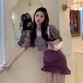 (ORDER) Set Áo kiểu nữ hoa tím cổ vuông thắt nơ cổ điệu đà+ Chân váy đuôi cá ôm body (MẪU MỚI 2020)