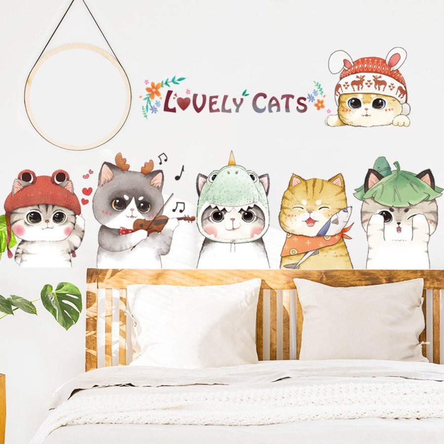 Decal trang trí những chú mèo nghộ nghĩnh - Giấy dán tường phòng khách, phòng ngủ, phòng bé đáng yêu có keo sẵn