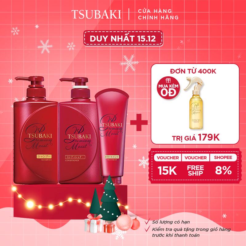 Combo gội xả và kem xả Dưỡng tóc bóng mượt Premium Moist Tsubaki (490mlx2 + 180g)