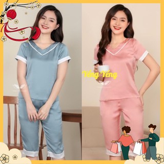Snu337 - bộ lụa lửng nữ cổ v viền trắng