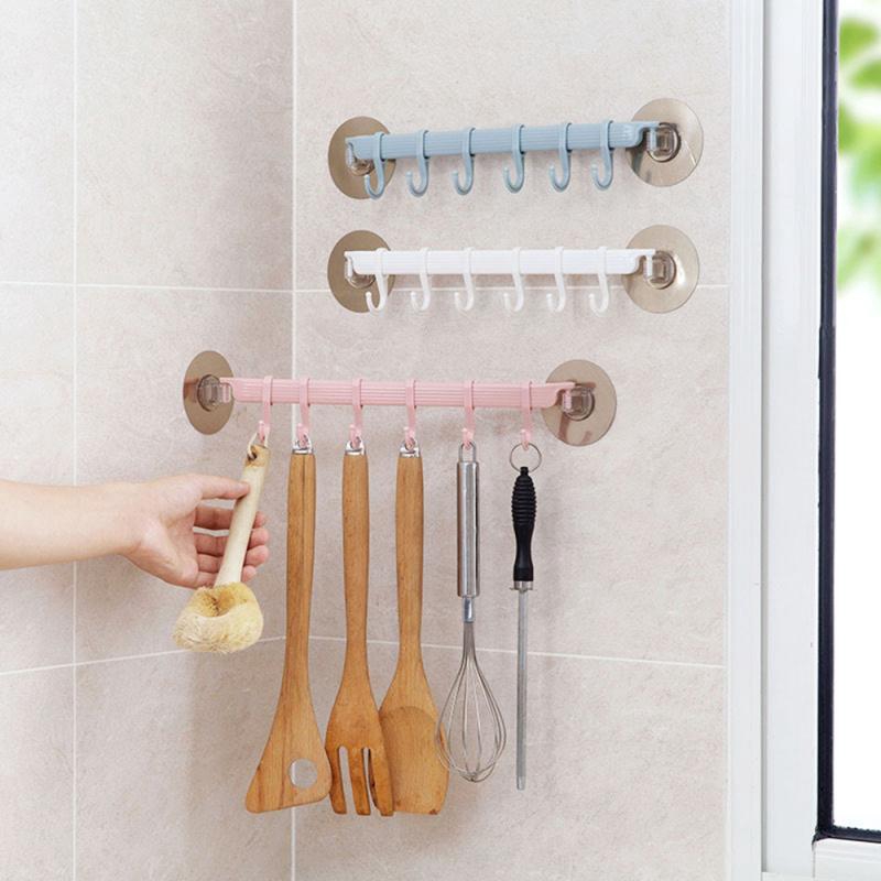 6 Hooks Self Adhesive Wall Organizer Hooks / Wall Hanging Hooks / Free Punch Hanger Rack / Bathroom Towel Holder  Accessories