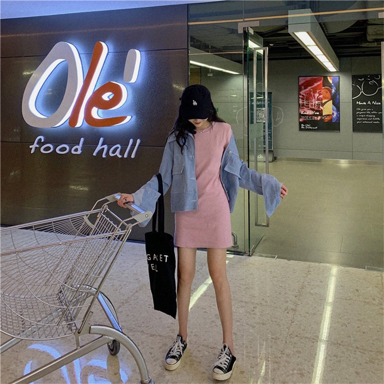 IELGY Đầm thun tay ngắn màu trơn phong cách hàn quốc thời trang xinh xắn cho nữ