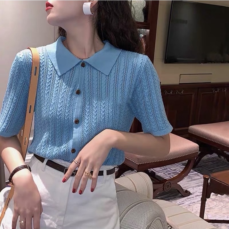 Áo len nữ dệt kim ngắn tay cổ polo cổ điển Doris phong cách Hàn Quốc màu vàng, xanh dương | BigBuy360 - bigbuy360.vn