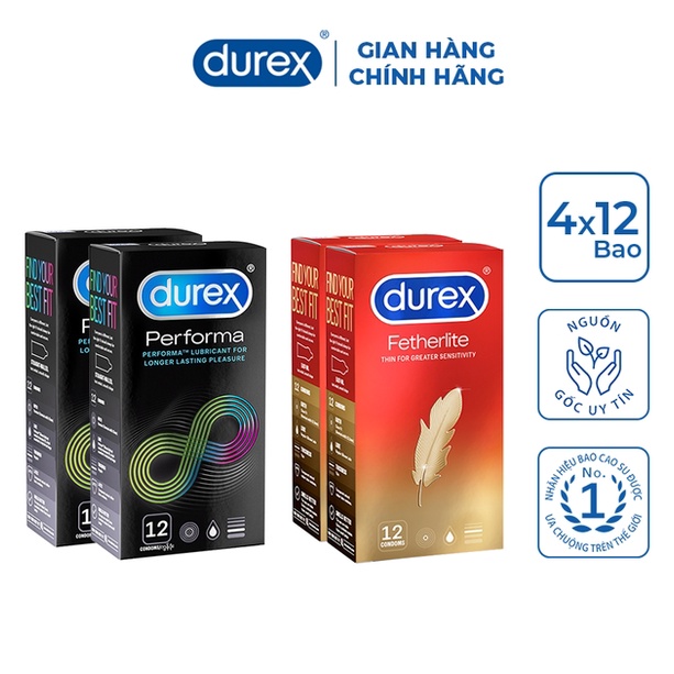 Bộ 4 Hộp Bao Cao Su Durex Fetherlite và Durex Performa (12 cái/hộp) ..