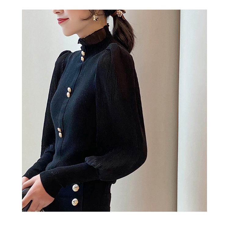 Áo Thun Dệt Kim Tay Phồng Cổ Cao Thời Trang