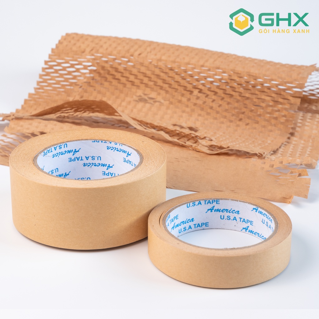 Băng keo Giấy Kraft da bò Gói hàng XANH GHX - Loại Tốt - Mặt nhám, chống thấm, viết chữ được - Thay băng keo trong nilon