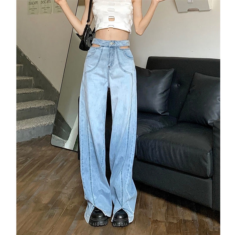 Quần Jean Dài Lưng Cao Ống Rộng Xẻ Tà Màu Gradient Thời Trang Mùa Hè Kiểu Mới Cho Bạn Gái