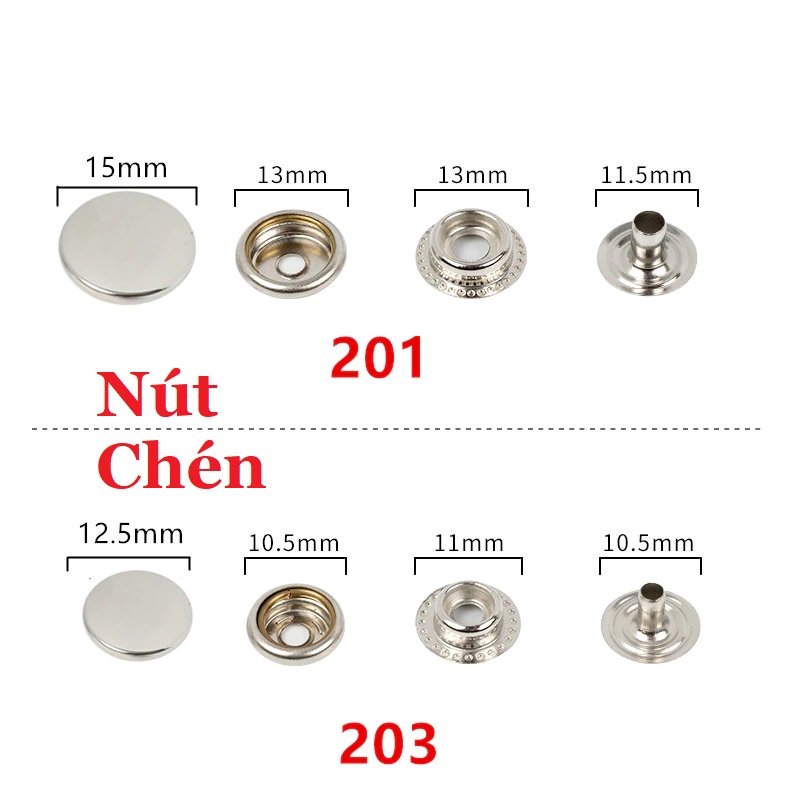 Nút bấm kim loại bấm áo khoác, đồ da, quần jean Hợp kim Không gỉ Nhiều màu Size 10,13,15,17mm Bịch 20bộ Phụ liệu may mặc