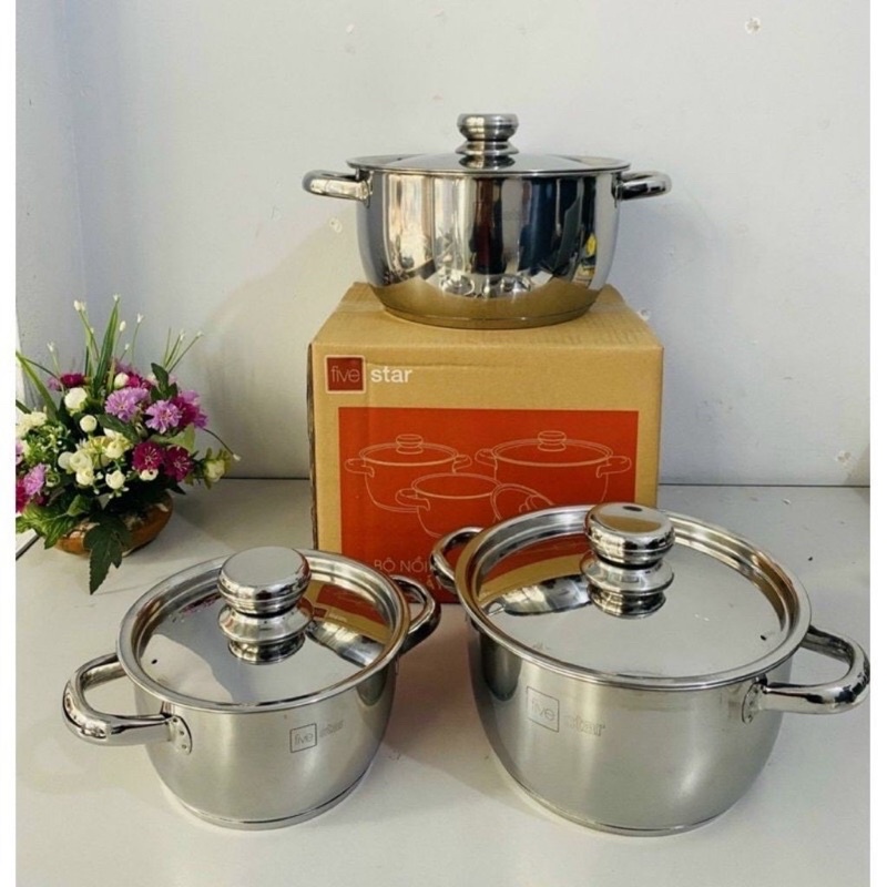 Bộ Nồi Fivestar Vung inox - Bộ 3 Nồi 3 Đáy - Dùng Các Loại Bếp
