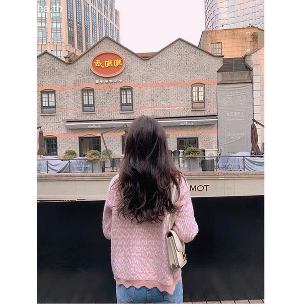 Áo Khoác Len Cadigan phối khuy ngọc, gấu lượn sóng siêu iêu