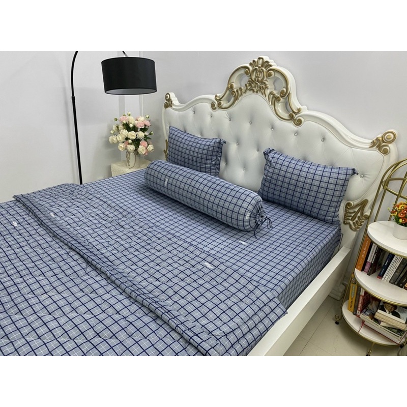 Bộ ga gối thun mẫu caro xám xanh